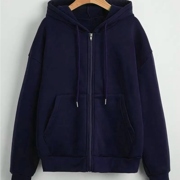 Tops - Full Zip Drawstring Hoodie Unisex Navy Blue Size S